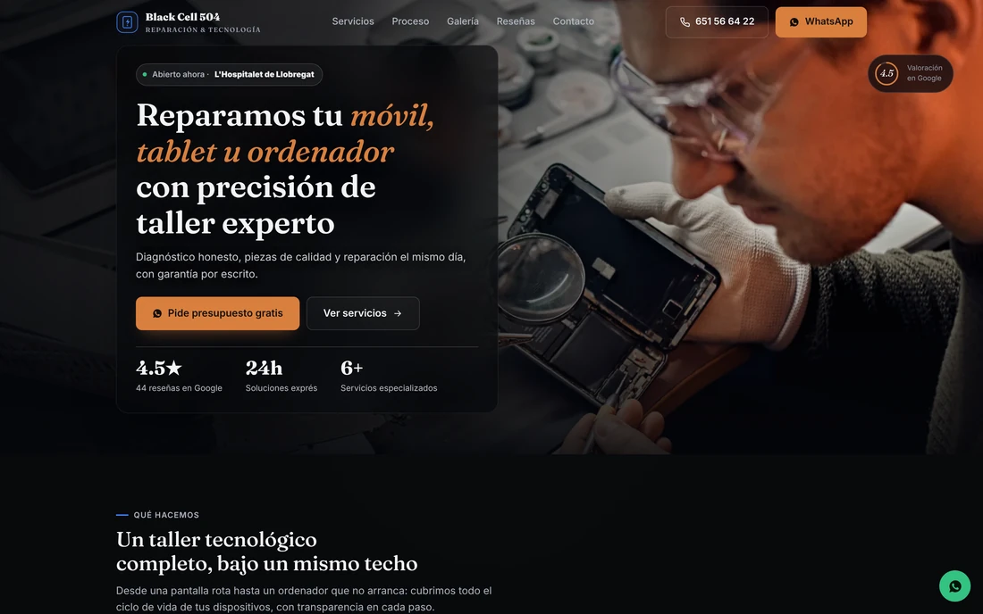 Portada de Black Cell 504 con el titular de reparación, los datos de Google y el botón de presupuesto.