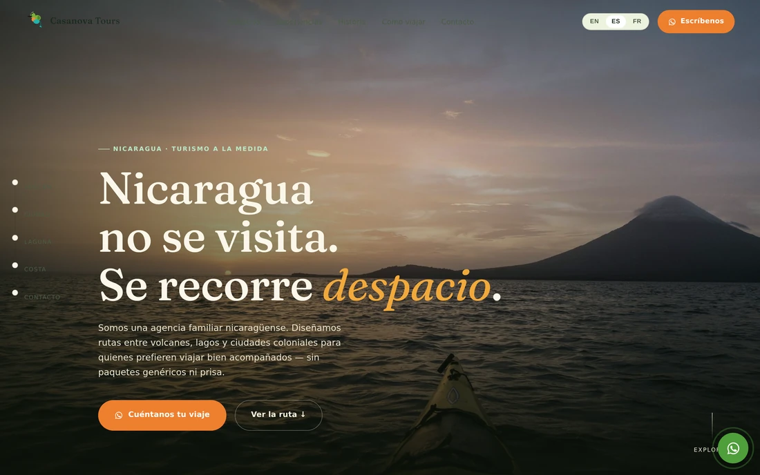 Portada de Casanova Tours con un titular sobre fotografía de atardecer en Nicaragua.