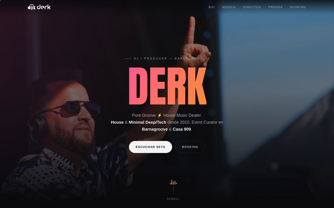 Portada de derk.live con la identidad del artista a pantalla completa.